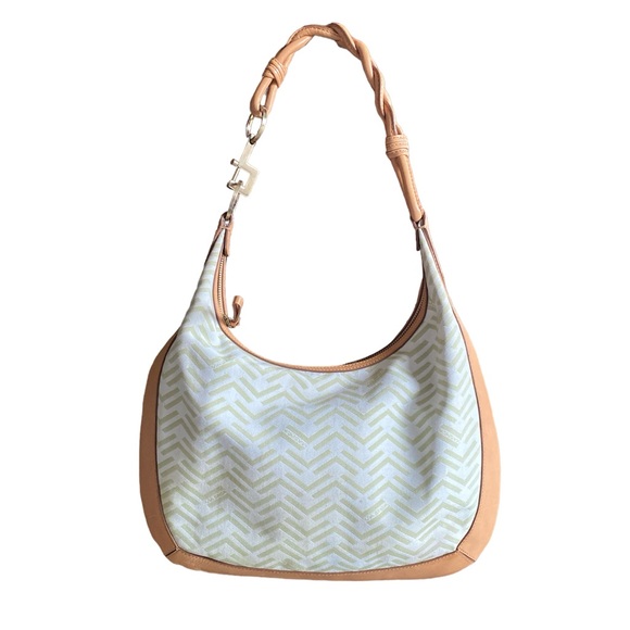 VIA SPIGA: Cream Leather/Canvas Large Shoulder Bag with Braided Handle- SEE PICS - Picture 1 of 16